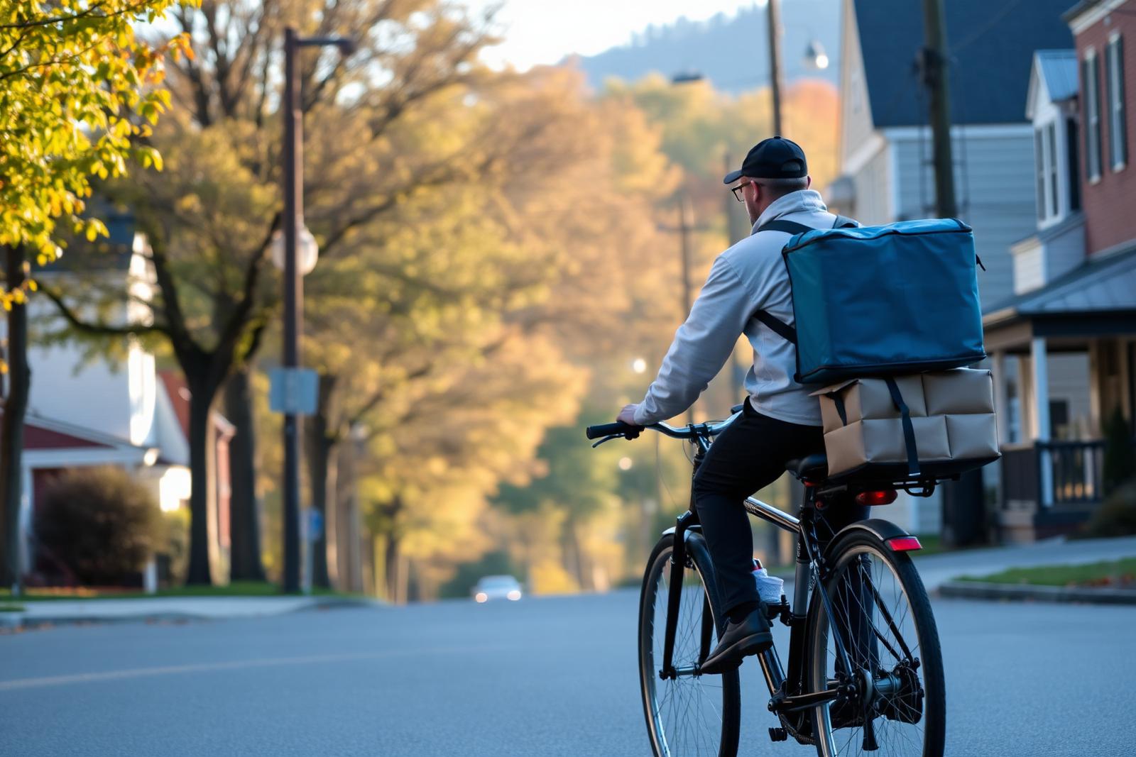 Same-day courier riding through a Pennsylvania neighborhood