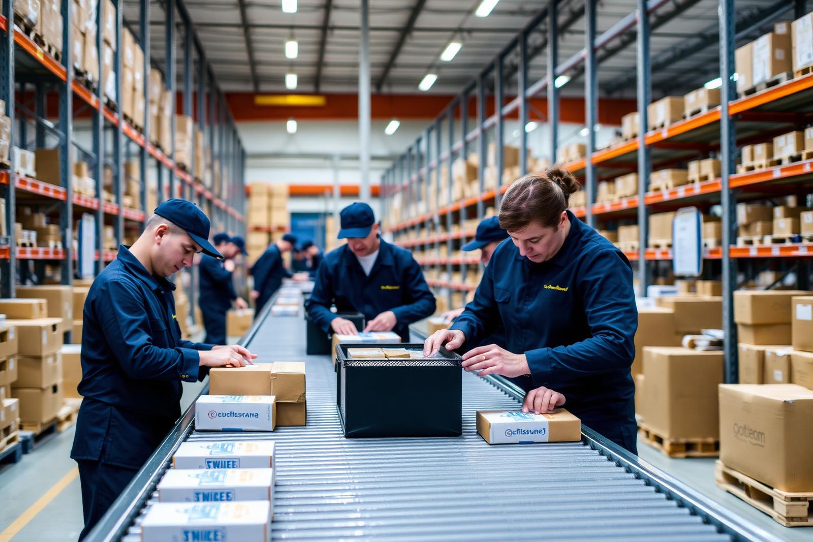 RNA Courier sorting facility with workers in navy uniforms